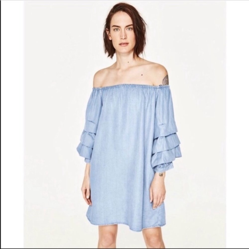 Zara POCKETS Poet Ruffle Off Shoulder Chambray Dress Small